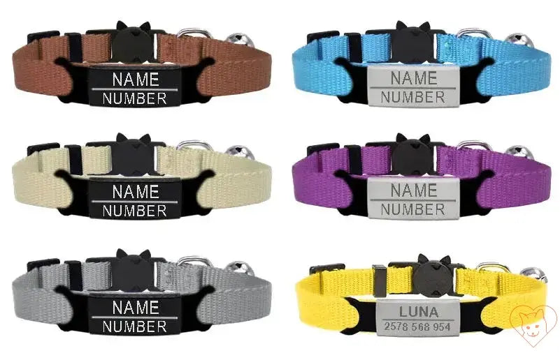 Personalized cat collars in various colors with breakaway buckles and engraved name tags for pet safety.