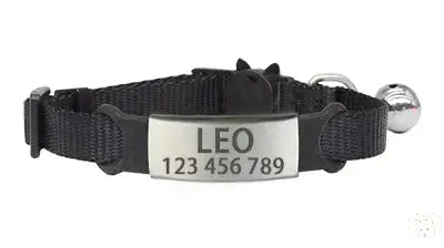 Personalized cat collar with bell featuring a safety breakaway buckle and custom engraving for pet identification.