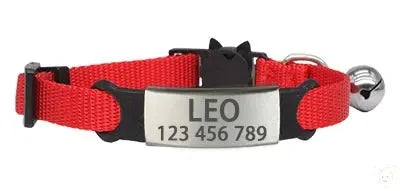 Personalized red cat collar with bell and engraved name plate for pet safety and style.