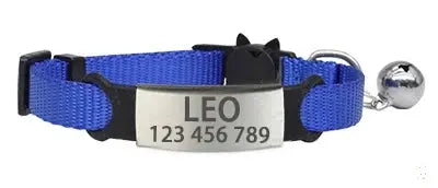 Personalized blue cat collar with breakaway buckle, engraved with name 'LEO' and phone number, featuring a bell.