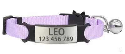 Personalized cat collar in lavender with bell and engraved nameplate for safety and style.