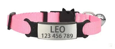 Personalized pink cat collar with bell and engraved tag showing name and contact number for safety.