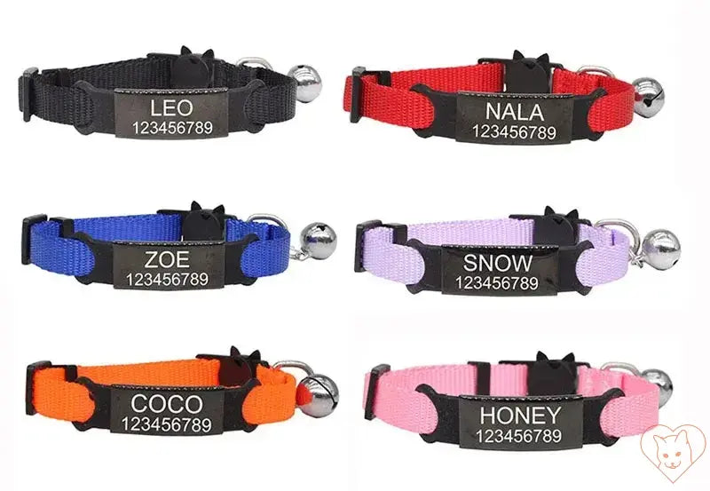 Personalized cat collars with bell, featuring names and numbers, in various colors and adjustable designs.