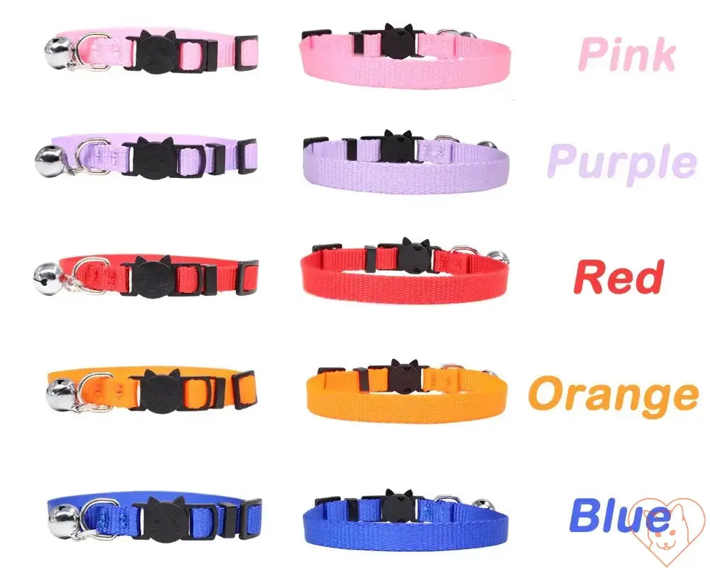 Colorful personalized cat collars with bells in pink, purple, red, orange, and blue, featuring adjustable breakaway buckles.