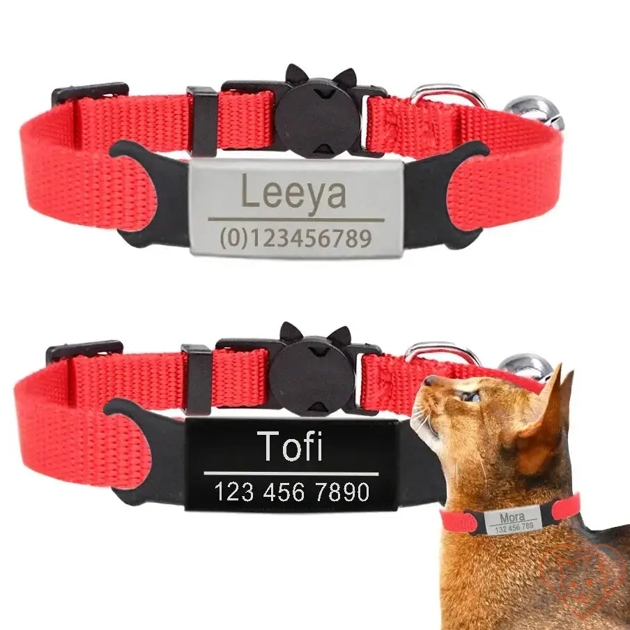 Personalized red cat collars with breakaway buckle and engraved name plates for pet safety.