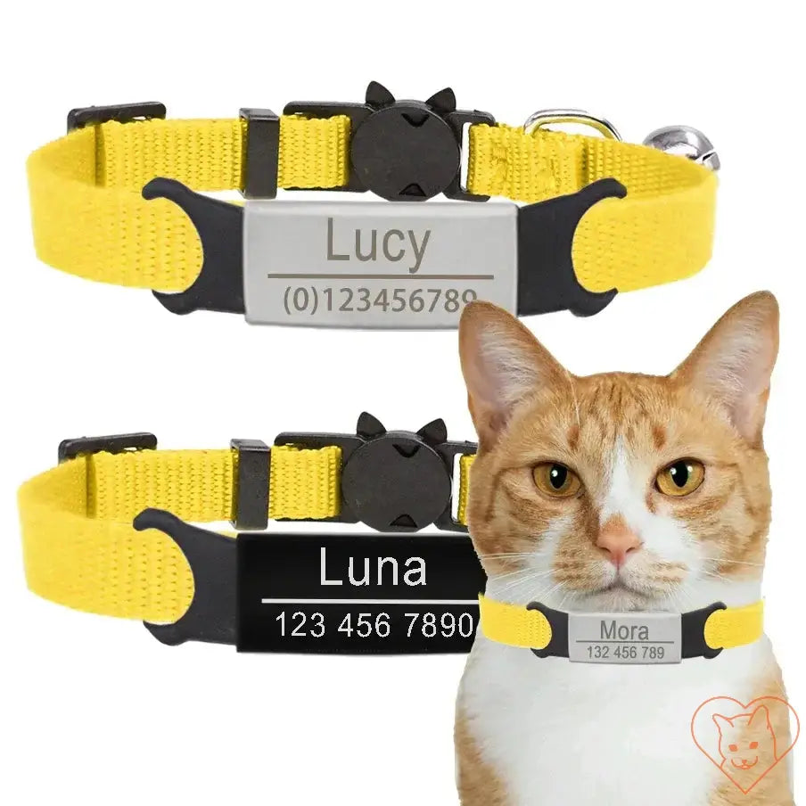 Personalized yellow cat collars with bells showcasing pet names and contact numbers for safety.