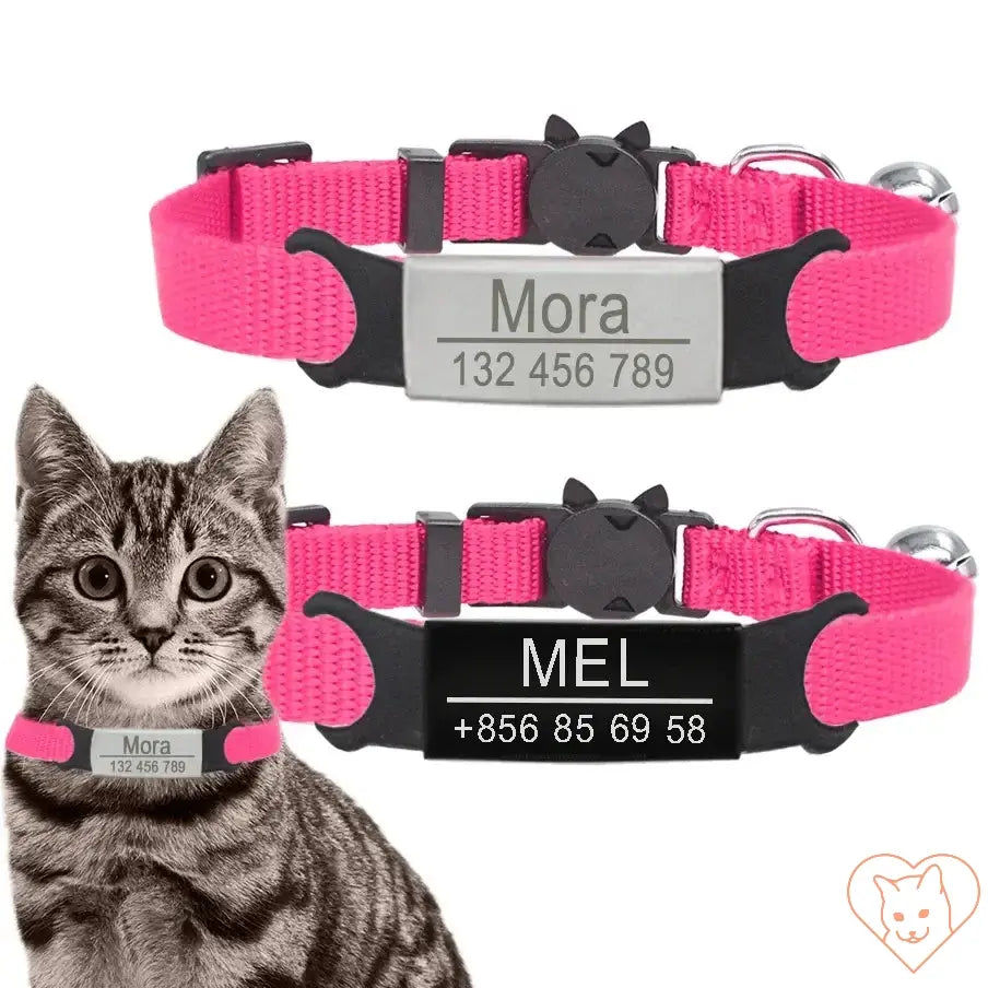 Personalized pink cat collar with bell featuring engraved names and contact numbers for safety and style.