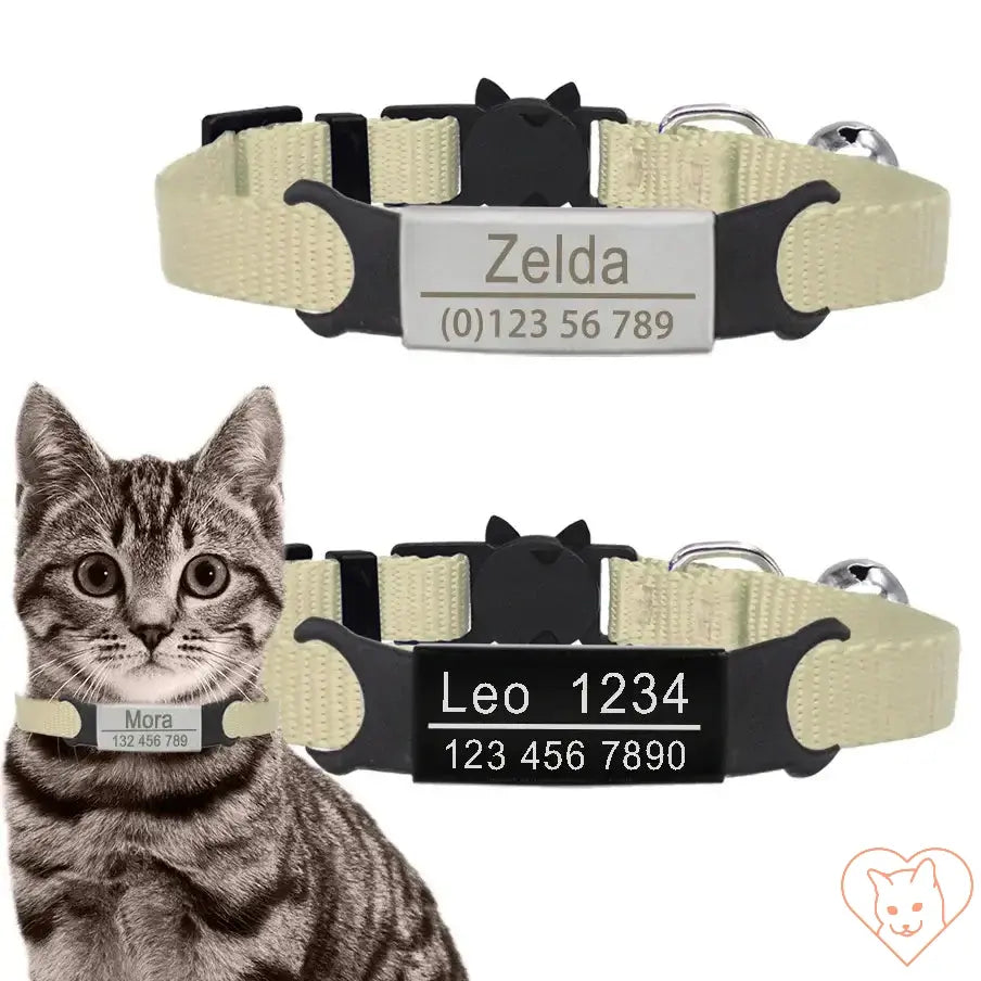 Personalized breakaway cat collars in beige with engraved names and contact numbers.