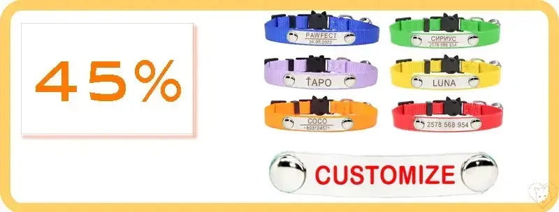 Personalized cat collars with bells in various colors, showcasing customization options and a 45% discount offer.