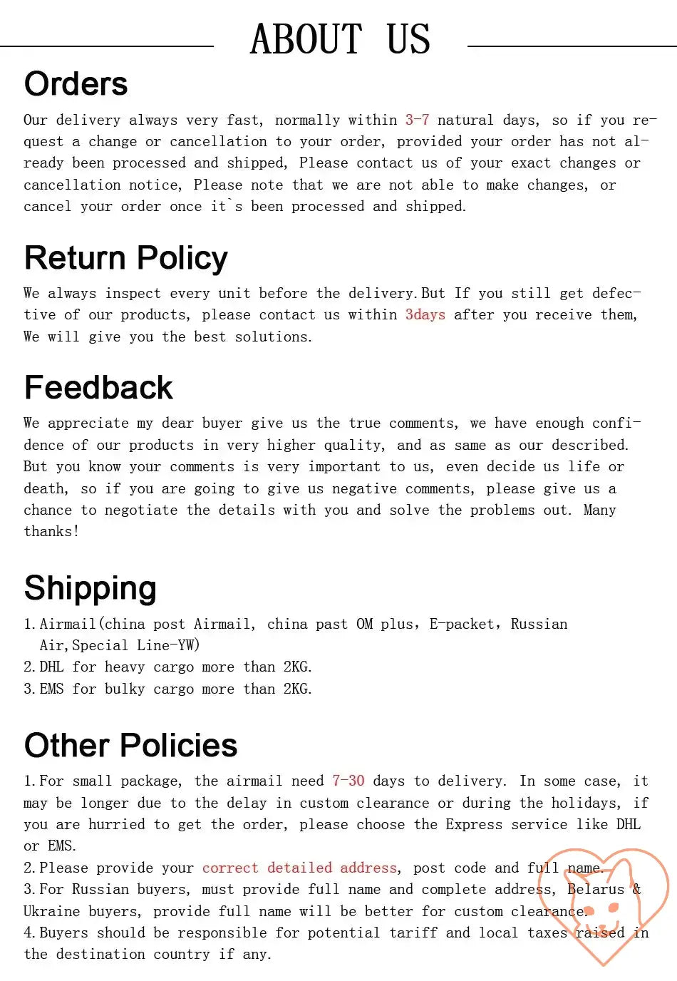 Information about order, return policy, feedback, shipping, and other policies for customers.