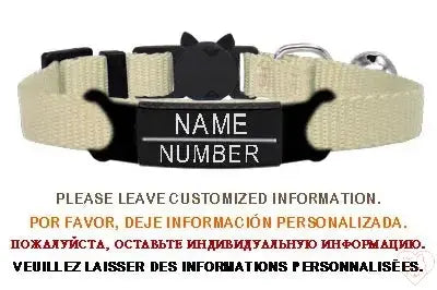 Personalized cat collar with bell, featuring adjustable fit and safety breakaway buckle, customizable with name and number.