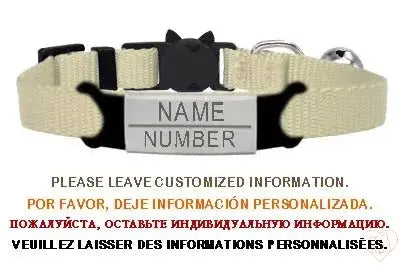 Personalized cat collar with bell, adjustable nylon, safety breakaway buckle, custom engraving for name and number.