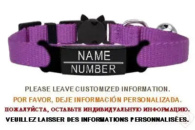 Personalized purple cat collar with bell, featuring custom name and number engraving for safety.