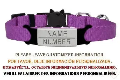 Purple personalized cat collar with adjustable breakaway buckle and bell, featuring customizable engraving.