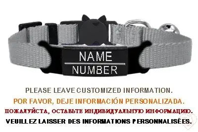 Personalized cat collar with breakaway safety buckle and customizable name and number tag.