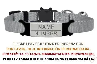 Personalized cat collar with bell and adjustable breakaway buckle, featuring customizable name and number plate.