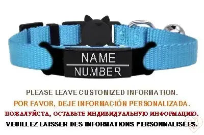 Personalized blue cat collar with bell and breakaway buckle, featuring custom engraving for name and number.