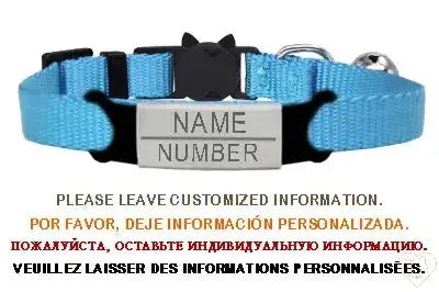 Personalized blue cat collar with bell, featuring customizable name and number engravings.