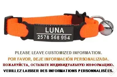 Personalized orange cat collar with bell, featuring customizable engraving for name and contact info.