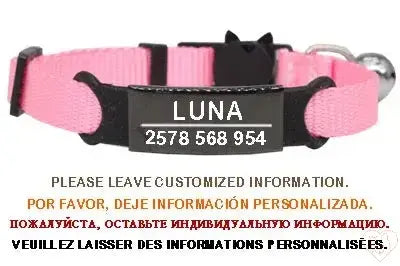 Personalized pink cat collar with bell, engraved with name 'LUNA' and contact details for safety.