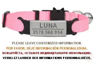 Personalized pink cat collar with bell and engraved tag for pet's name and contact details.