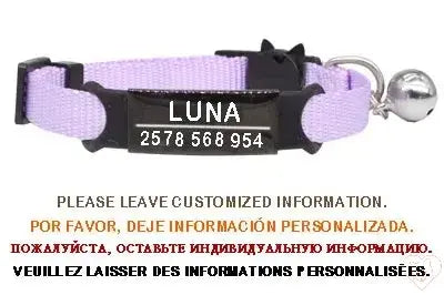 Personalized purple cat collar with bell, featuring engraving for name and contact number for pet safety.