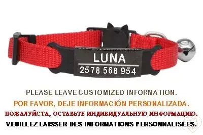 Personalized red cat collar with bell, featuring custom engraving for pet name and contact number.