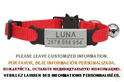 Personalized red cat collar with bell featuring engraved name 'LUNA' and contact number for pet safety.