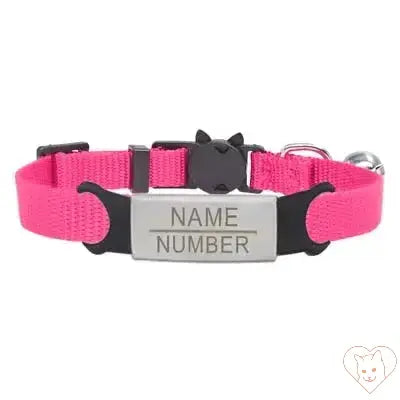 Personalized pink cat collar with bell and engraved name plate for safety and style.