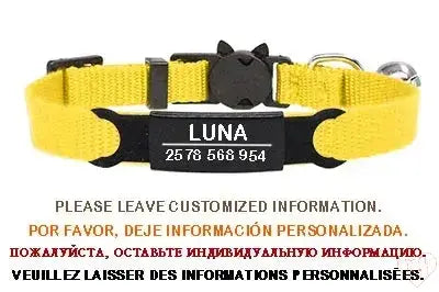 Yellow personalized cat collar with bell, featuring custom engraving for name and contact info.