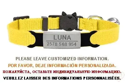 Personalized yellow cat collar with bell and engraved name tag for added safety and style.