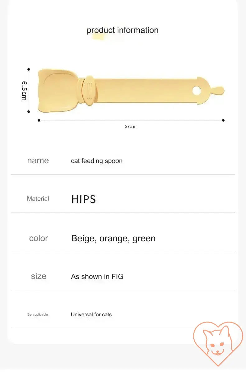 Cat feeding spoon made of HIPS material in beige, orange, and green, measuring 27 cm for universal cat use.