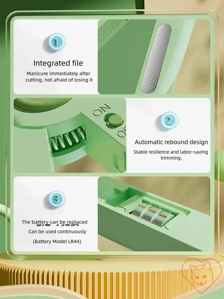 Features of pet nail clippers with integrated file, automatic rebound design, and replaceable battery.