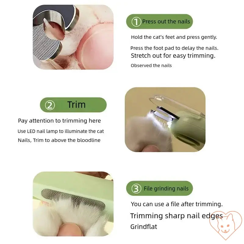 Instructions for using Pet Nail Clippers with LED Light for safe and effective nail trimming.