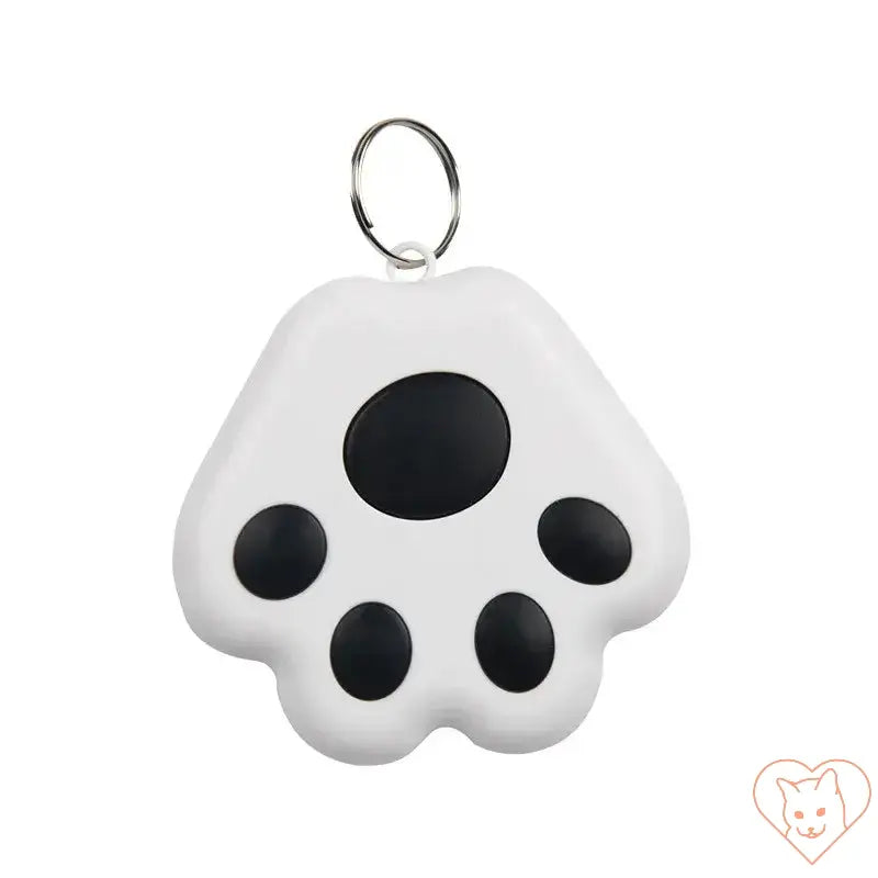 Pet tracking locator device in white and black paw shape for cats with keyring attachment.