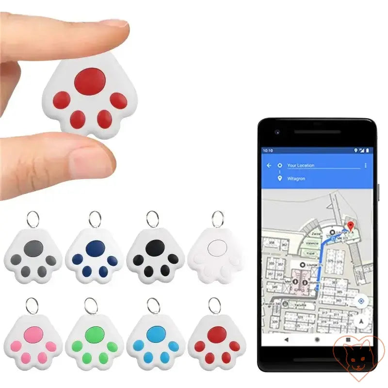 Hand holding a Paw-shaped Bluetooth Pet Tracker with smartphone map display showing cat's location.