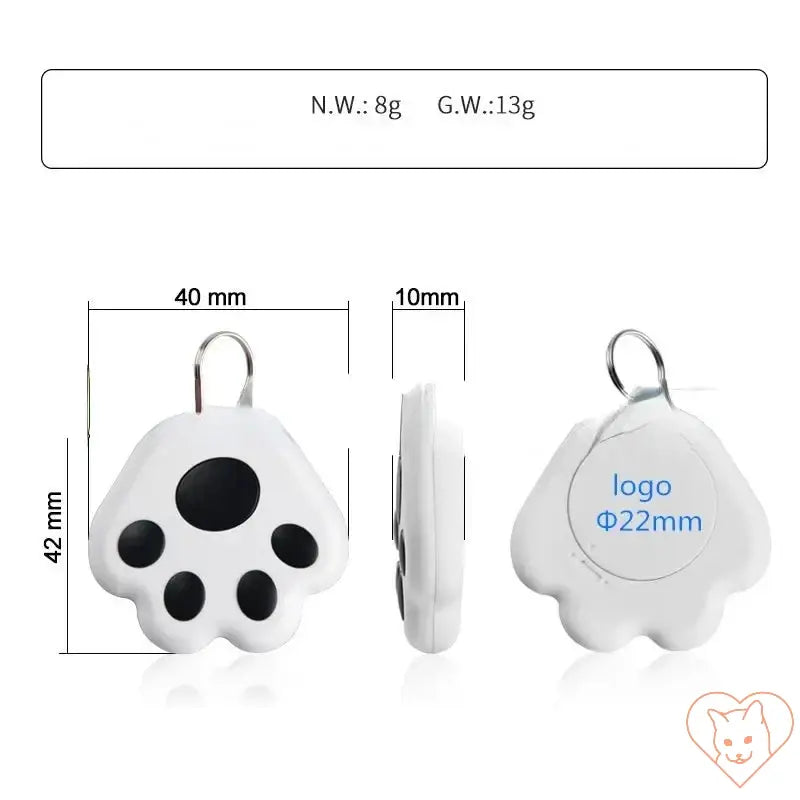 Compact pet tracking locator device in paw shape, featuring dimensions and logo area for personalized branding.