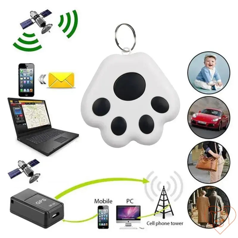 Pet Tracking Locator device with Bluetooth technology for locating cats and valuables, featuring a paw print design.