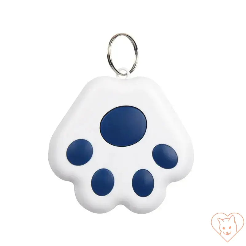 White and blue pet tracking locator device shaped like a paw print, designed for locating cats and preventing loss.