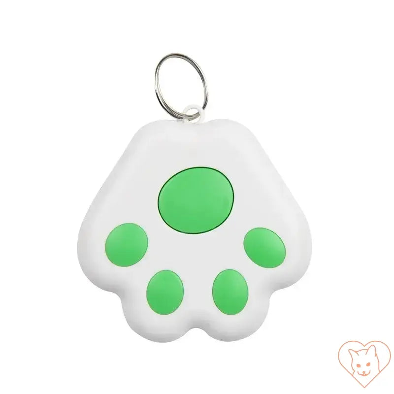 Pet Tracking Locator in green and white paw shape, designed for cat safety and easy smartphone pairing.