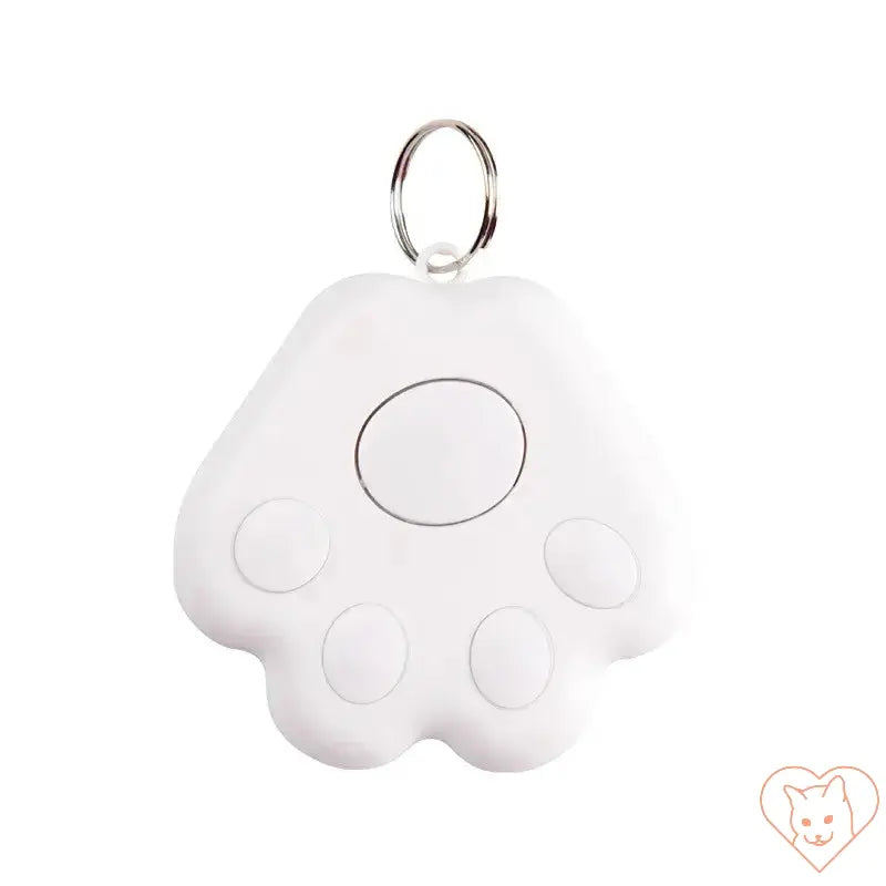 White paw-shaped pet tracker with buttons, designed for cats and anti-lost functionality.