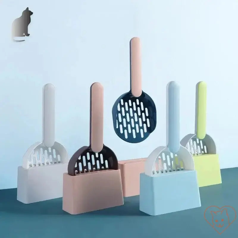 Colorful plastic cat litter scoops with bases for efficient and tidy litter cleaning, featuring a modern design.