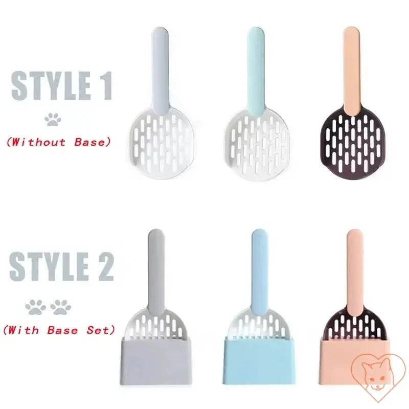 Plastic cat litter scoop styles: Style 1 without base, Style 2 with base for easy storage.