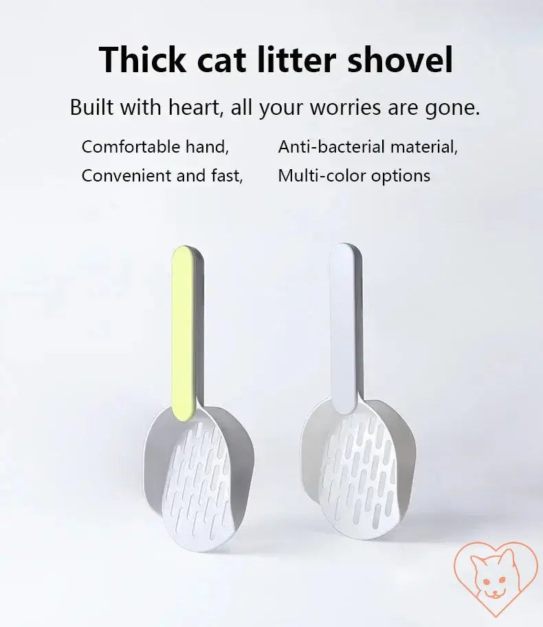 Thick cat litter scoops in multiple colors, featuring ergonomic handles and anti-bacterial material for easy cleaning.