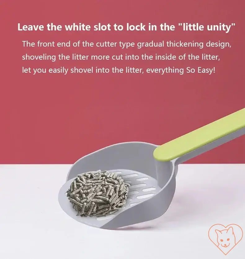 Plastic cat litter scoop with ergonomic handle, showing litter being scooped for easy cleaning and maintenance.