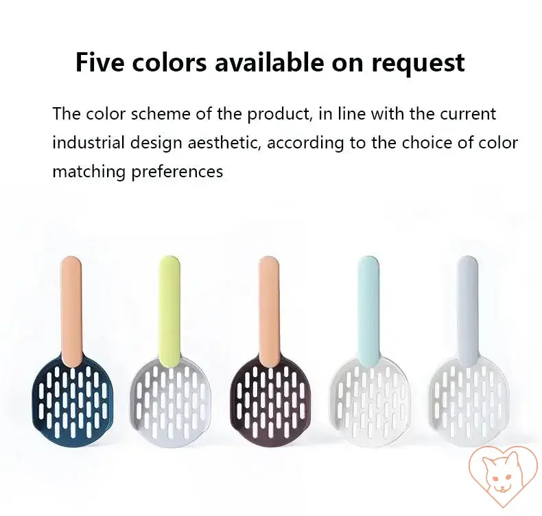 Plastic cat litter scoops in five stylish colors, designed for efficient litter cleaning and personalized aesthetics.