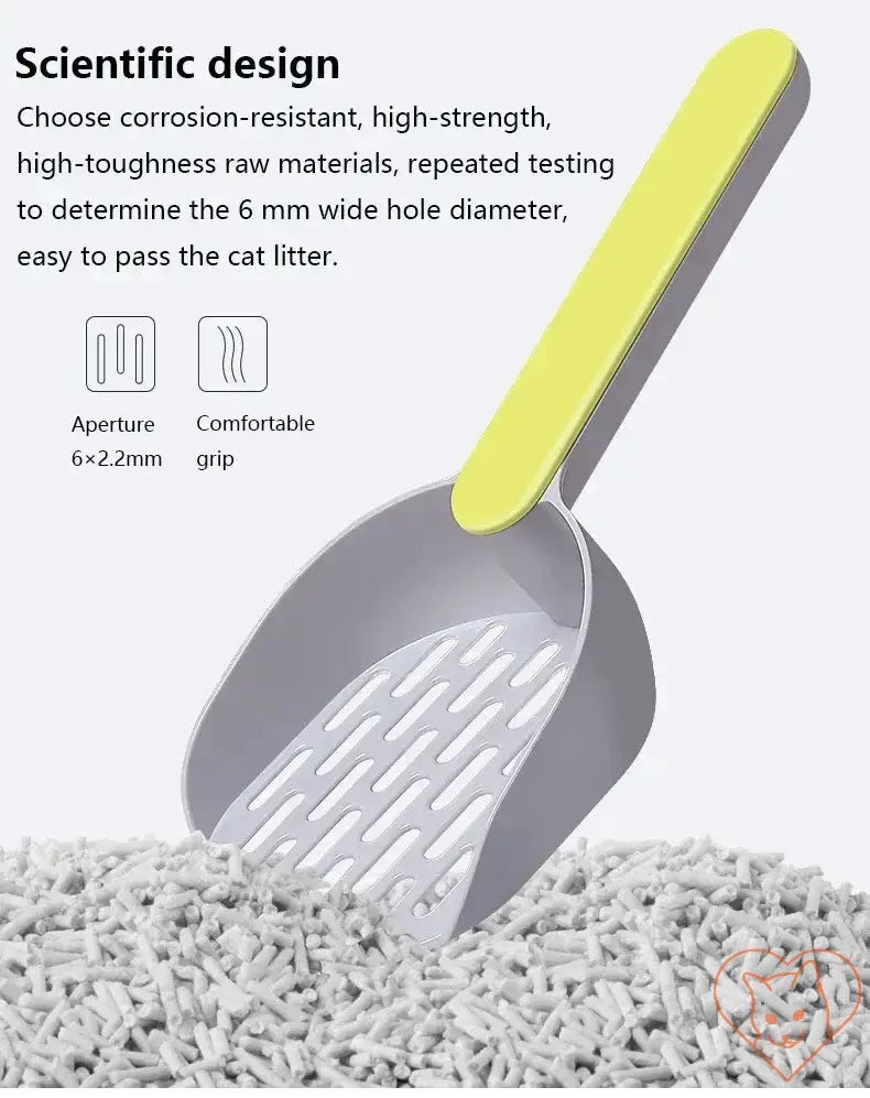 Plastic cat litter scoop with ergonomic handle, designed for durability and easy litter management.