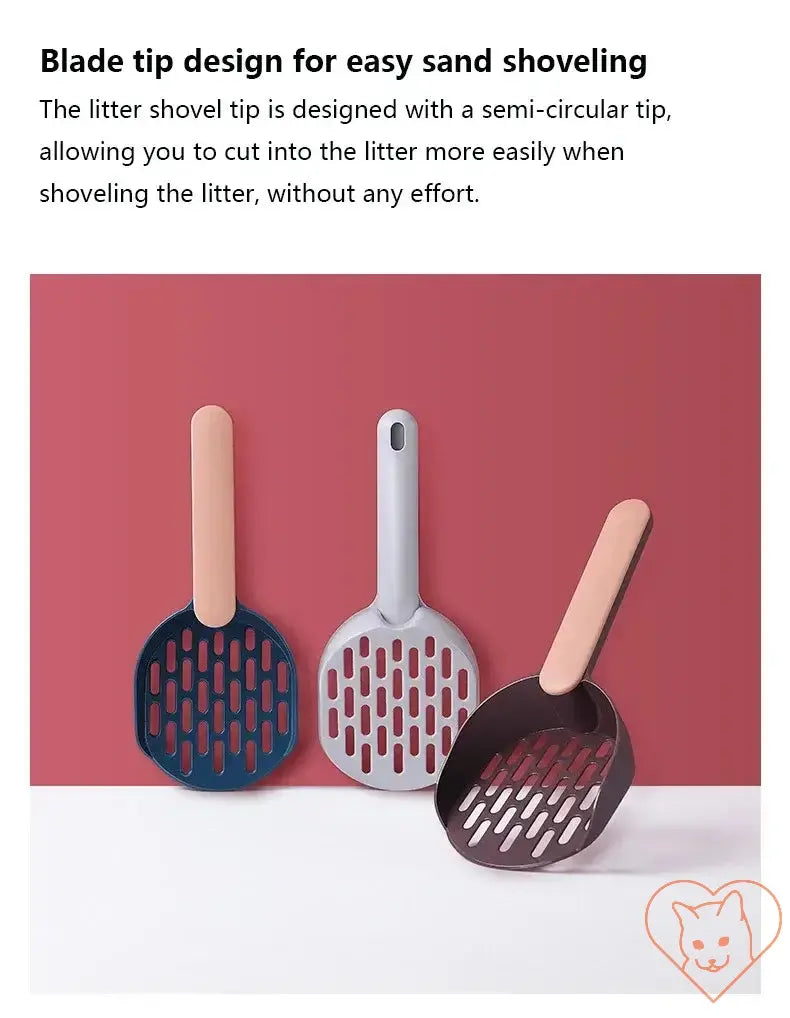 Three stylish litter scoops with ergonomic design and semi-circular tips for effortless cat litter cleaning.