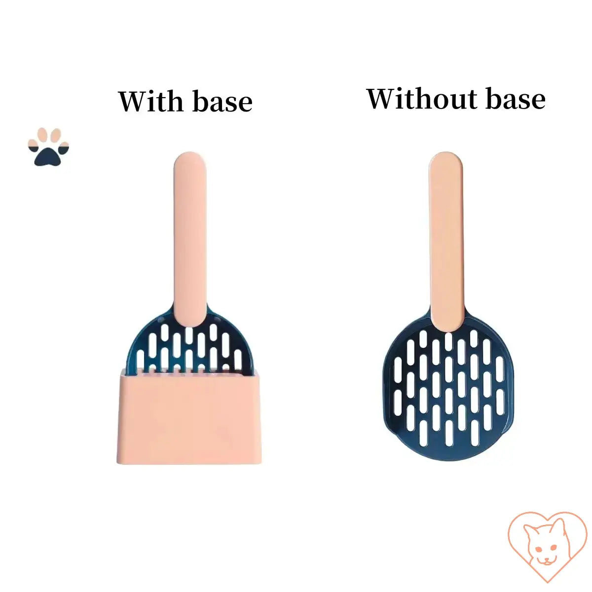 Plastic cat litter scoop with and without base for efficient cleaning and storage.