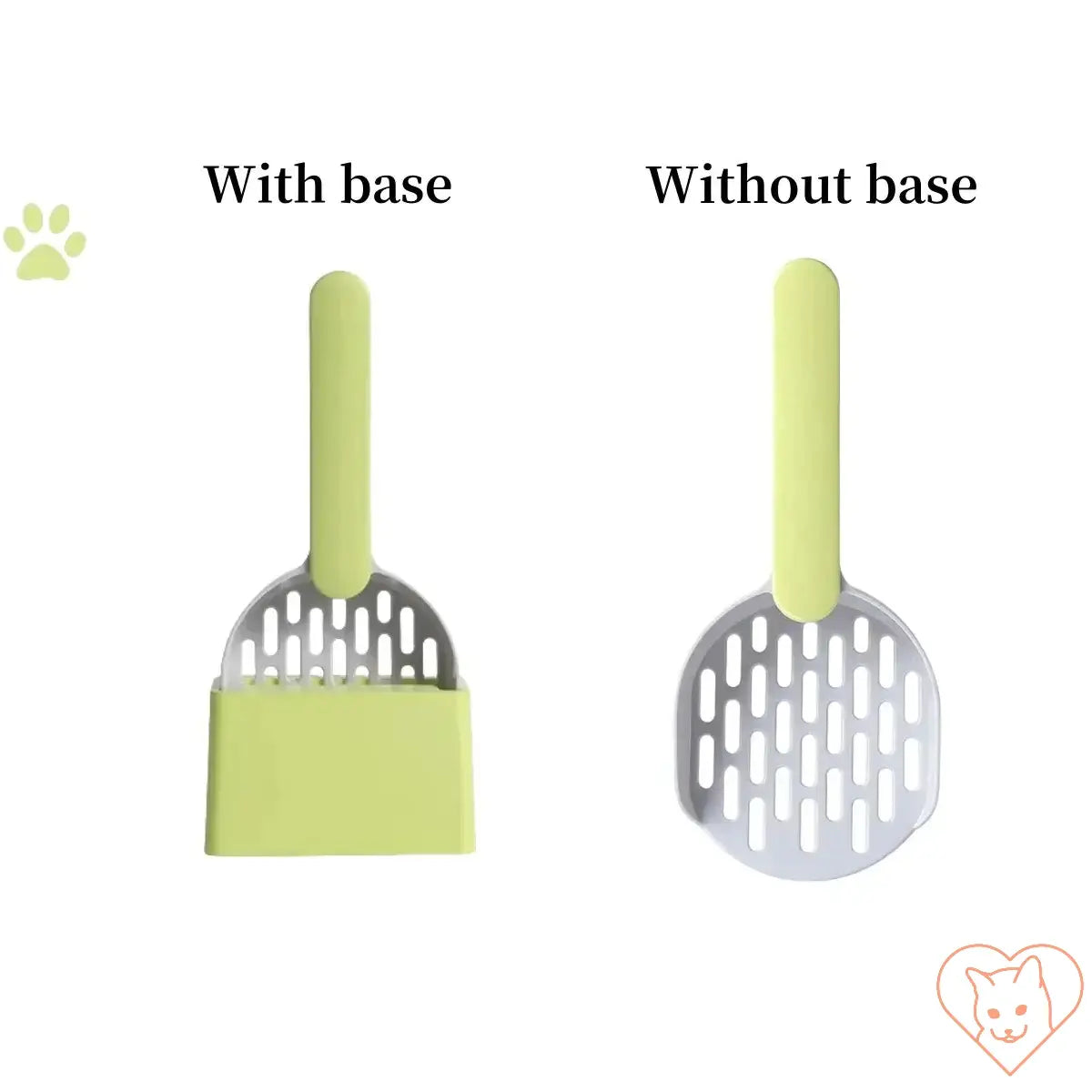 Plastic cat litter scoop with base and without base, durable ABS cleaning tool in green color.